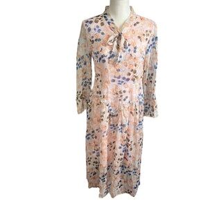 Lai Meng Five Cats Peach Floral A-Line Midi Dress Sz 4 Tie Neck Tulle Lined NWT
